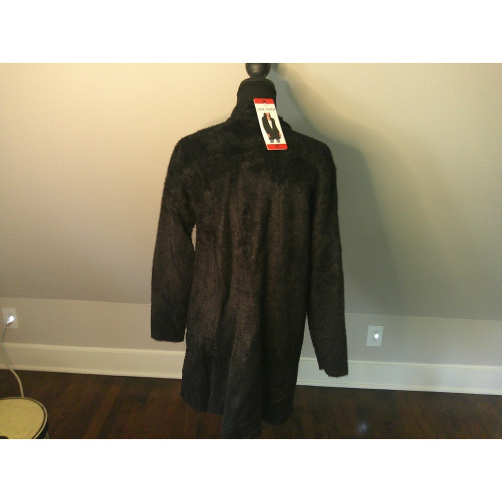 Love Token Cardigan Womens M Black NWT Fuzzy Eyelash‎ Knit Open Front Longline - Picture 2 of 9